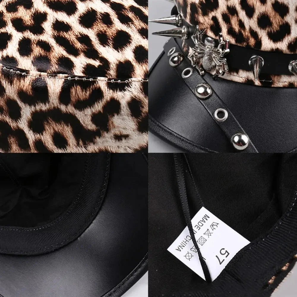 Retro Hip-hop Rivet Leopard Hat Harajuku Punk Y2k Beret Hat Gothic Silver Flat Top Cap for Girls Good Vibrations