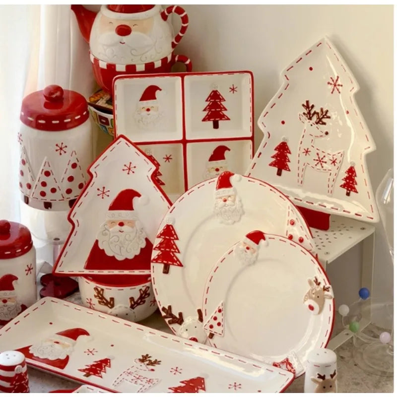 Christmas Hand-painted Ceramic Tableware Set Cute Christmas Steak Plate Embossed Underglaze Color Flat Plate Good Vibrations