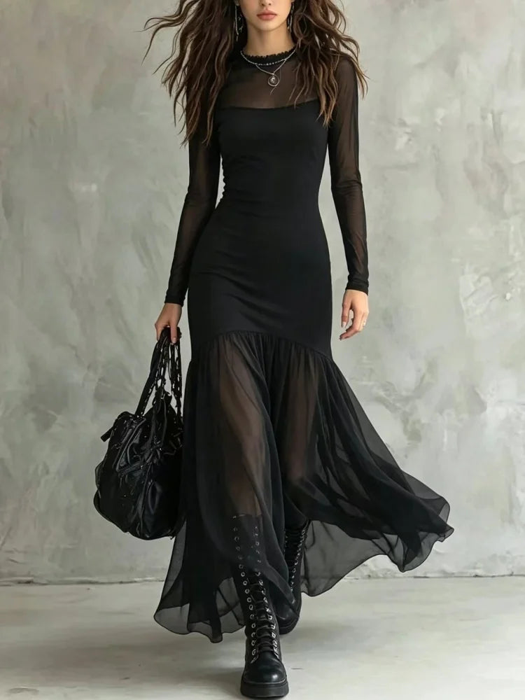 Women's Spring/Summer Outfit, Elegant Dress, Holiday Outfit, Casual Dress, Outing Dress, Mesh Dress, Long Sleeve Dress, Graduati Good Vibrations