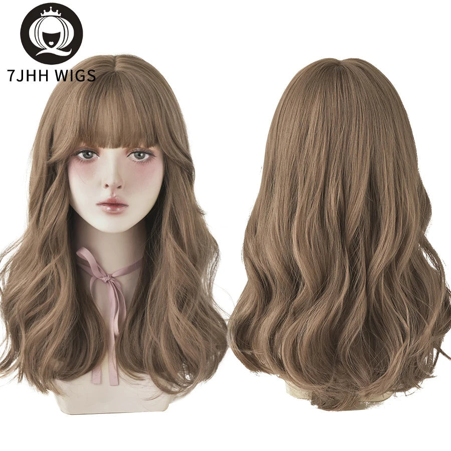 7JHHWIGS Long Wavy Synthetic Black Wigs For Women With Fringe Fashion Heat Resistant Mid-Length Daily Straight Light Brown Hair Good Vibrations