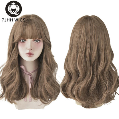 7JHHWIGS Long Wavy Synthetic Black Wigs For Women With Fringe Fashion Heat Resistant Mid-Length Daily Straight Light Brown Hair Good Vibrations