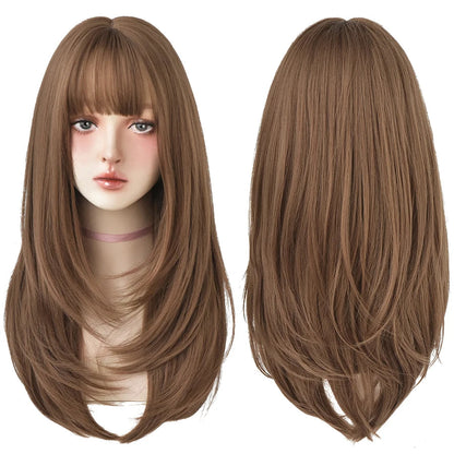7JHHWIGS Long Wavy Synthetic Black Wigs For Women With Fringe Fashion Heat Resistant Mid-Length Daily Straight Light Brown Hair Good Vibrations