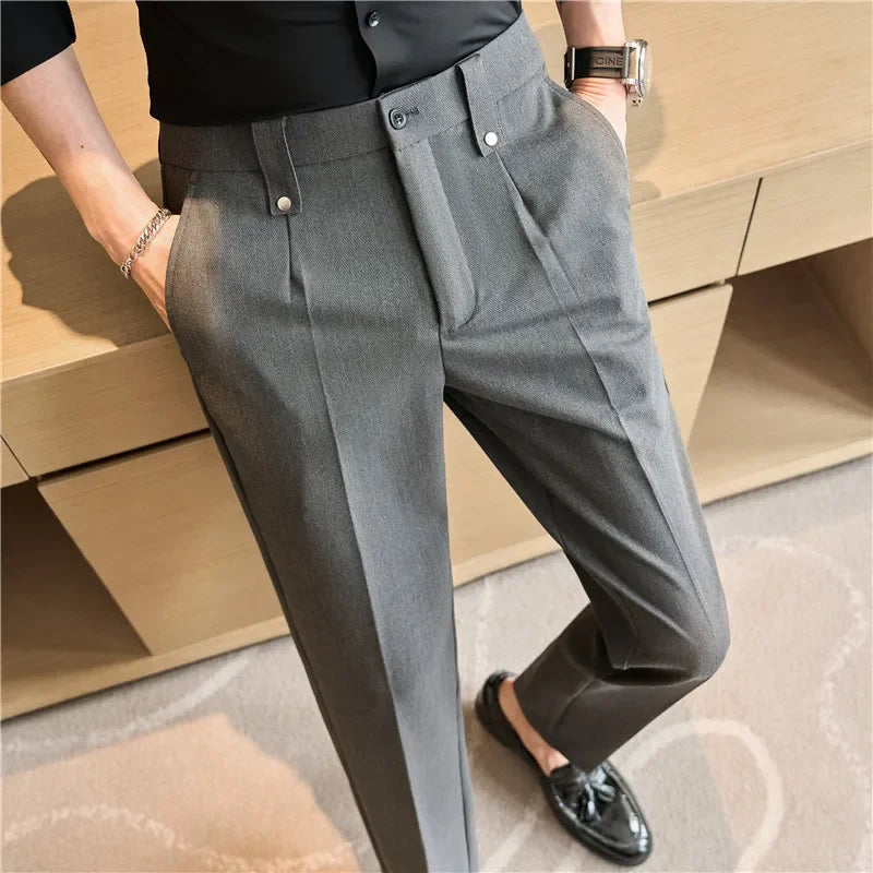 Mens Suit Pants 2025 Autumn New British Style Elastic Waist Solid Casual Formal Dress Pants Slim Fit Trousers for Men Clothing Good Vibrations