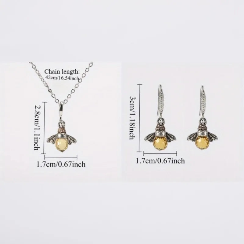 Charming Bee-inspired Jewelry Set - Glamorous Crystal Zirconia Earrings and Silver Plated Necklace and Bracelet Good Vibrations