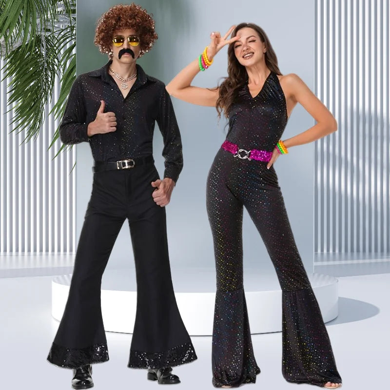 Vintage European and American 70s disco sequin couple costume with black top and flared pants for men and women performance outfit