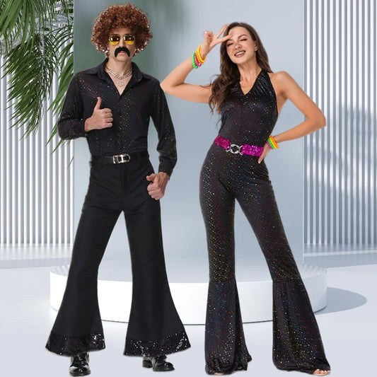 Vintage European and American 70s disco sequin couple costume with black top and flared pants for men and women performance outfit