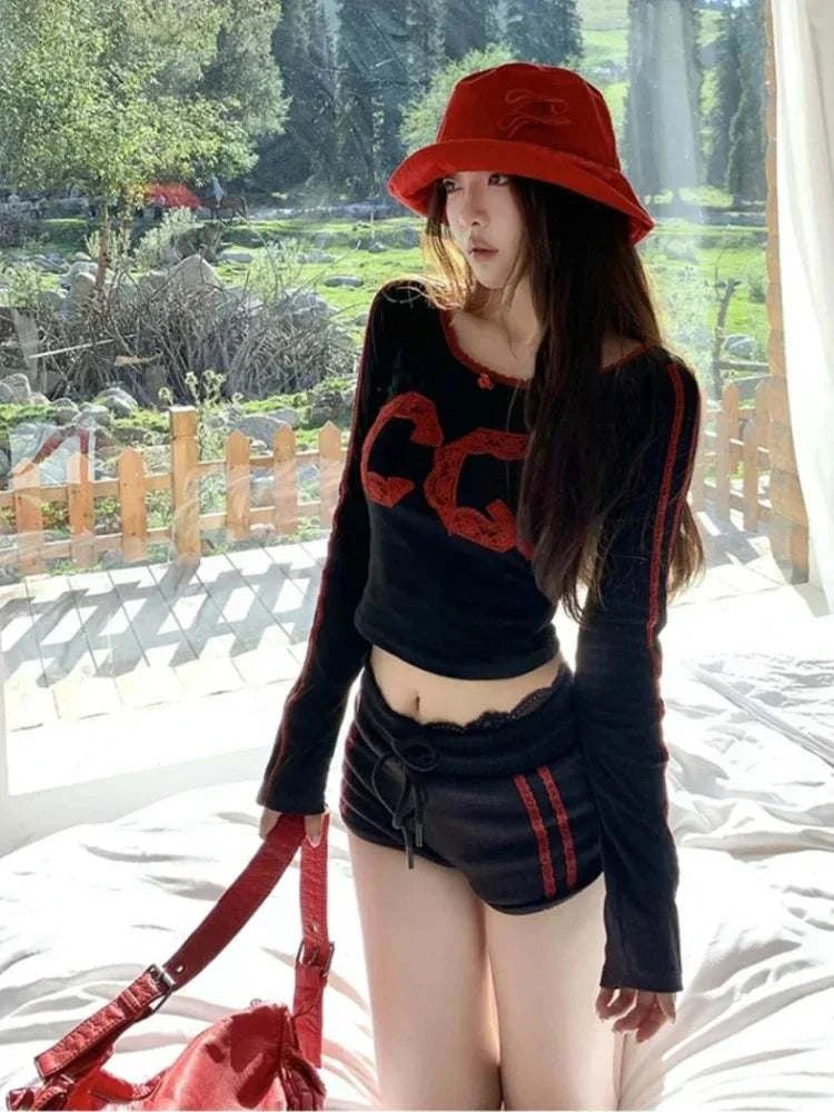 Shirt + High Waist Bandage Shorts Autumn Femme Grunge Suit