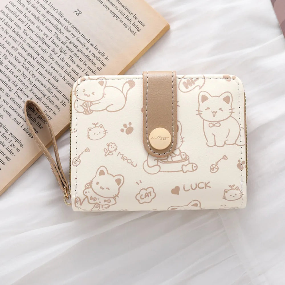 Cute Cat Coin Purse Women Fashion Short Wallet PU Leather Large Capacity Wallet Lightweight ID Card Holder Travel Cash Coin Bag Good Vibrations