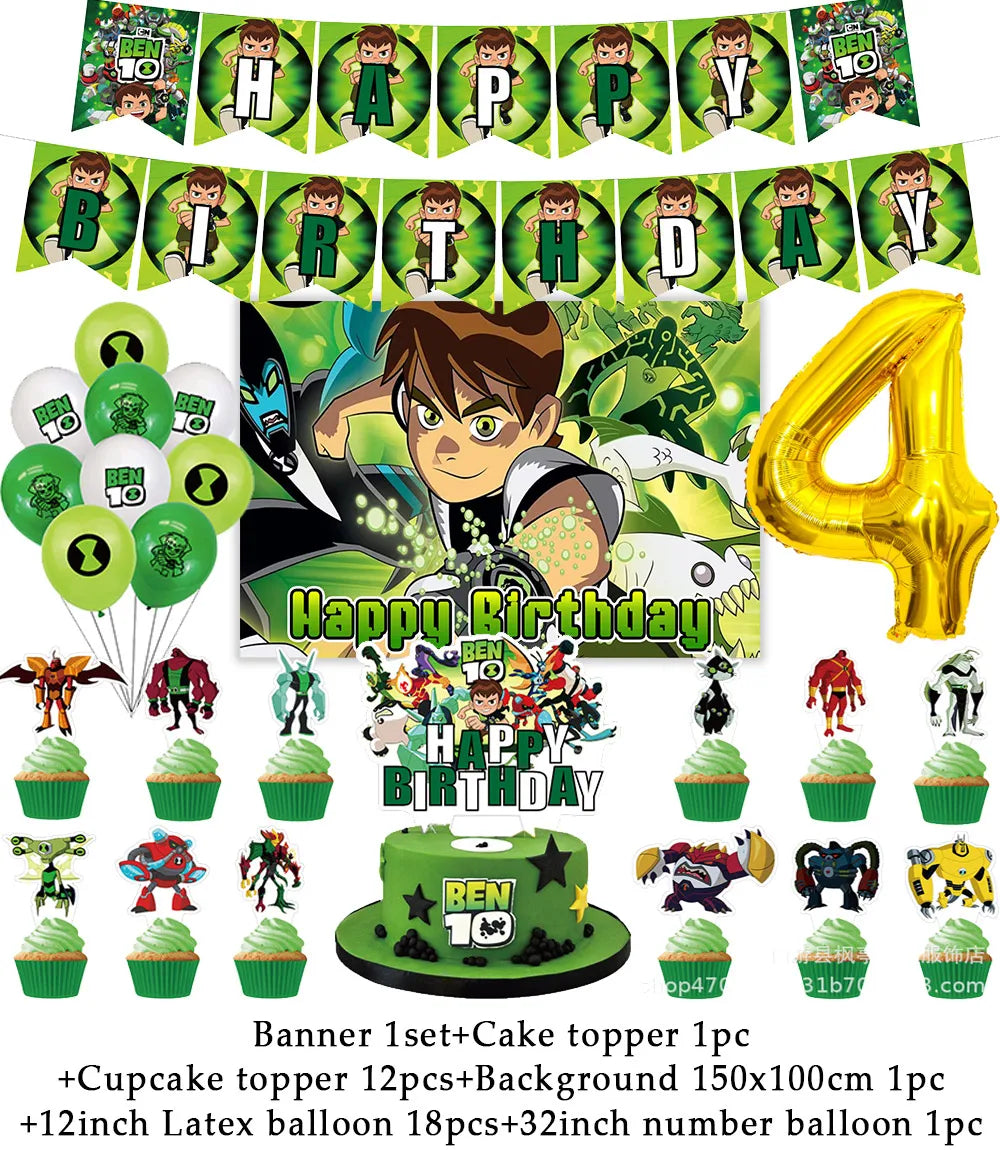 Cartoon Ben-10 Birthday Party Decoration Balloons Favor Set Banner Cake Toppers Baby Shower Boys Gift Party Supplies Photo Prop Good Vibrations