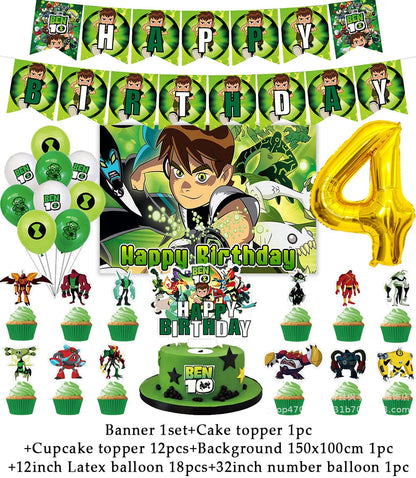 Cartoon Ben-10 Birthday Party Decoration Balloons Favor Set Banner Cake Toppers Baby Shower Boys Gift Party Supplies Photo Prop Good Vibrations