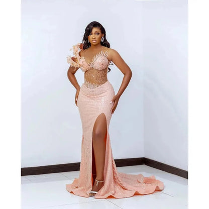Exquisite Evening Dresses For Women Sheer Neck Sleeveless Gown Sequins Appliques Split Side Sweep Train Party Dress Customized Good Vibrations