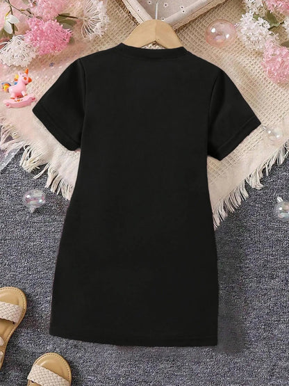 Children's Clothing for Girls: Short-Sleeve Long T-Shirt Dress, Ins Style for Older Children, Rainbow Black Cat Pearl Milk Tea Print Short-Sleeve T-Shirt, Suitable for Girls Aged 4-12, Comfortable and Versatile Dress Good Vibrations