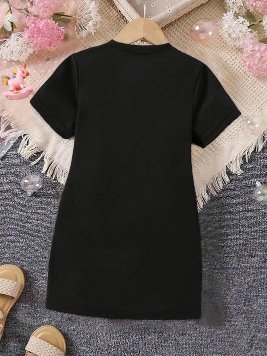 Children's Clothing for Girls: Short-Sleeve Long T-Shirt Dress, Ins Style for Older Children, Rainbow Black Cat Pearl Milk Tea Print Short-Sleeve T-Shirt, Suitable for Girls Aged 4-12, Comfortable and Versatile Dress Good Vibrations