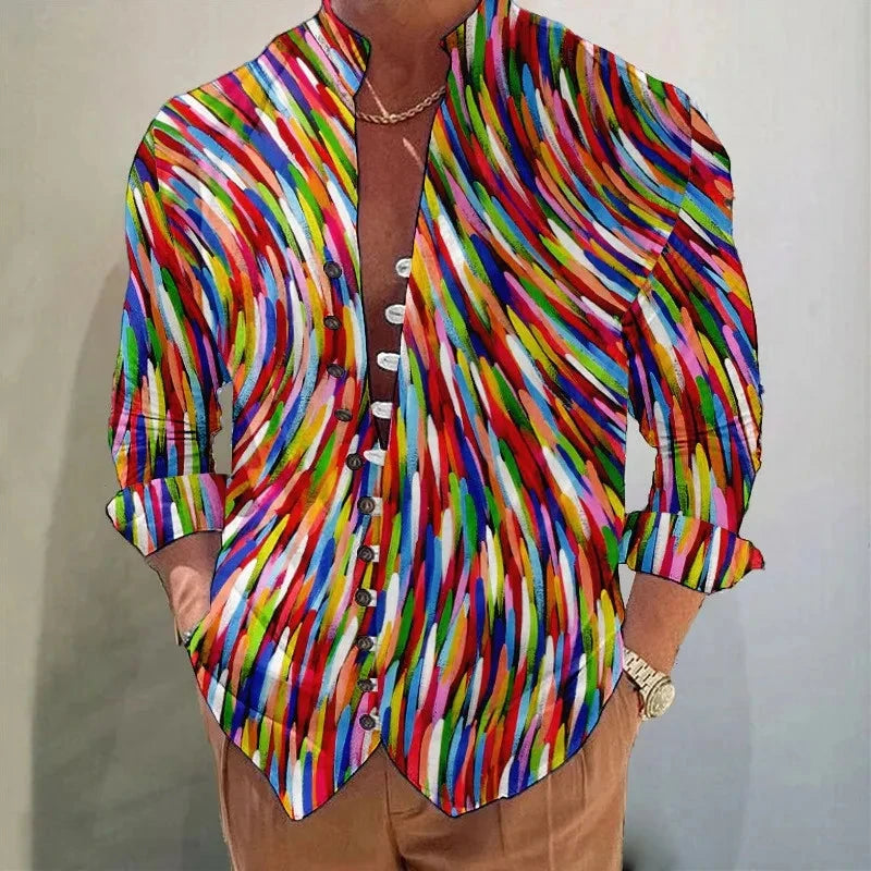 Men Shirts New Print Button Shirt Fashion Stand Collar Loose Fitting Men's Shirts Casual Streetwear Comfortable Good Vibrations