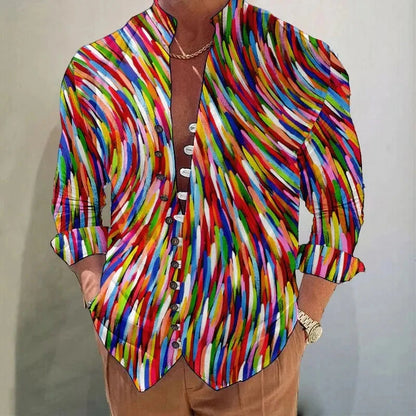 Men Shirts New Print Button Shirt Fashion Stand Collar Loose Fitting Men's Shirts Casual Streetwear Comfortable Good Vibrations