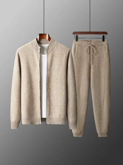 100% Merino Wool Two-piece Suit for Men Autumn Winter Knitting Zipper Cardigan and Slim-fit Pants Warm Thickened Clothing Sets Good Vibrations