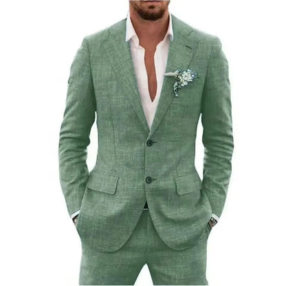 Summer Casual Linen Suit for Men 2 Pieces Blazer Pant Set Notched Lapel Formal Slim Fit Wedding Suit Prom Suits Groom Tuxedo Good Vibrations