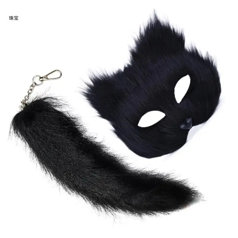 Faux Furs Foxes Tail Cats Mask Therian Mask and Tail Halloween Cosplays Party GOOD Vibrations