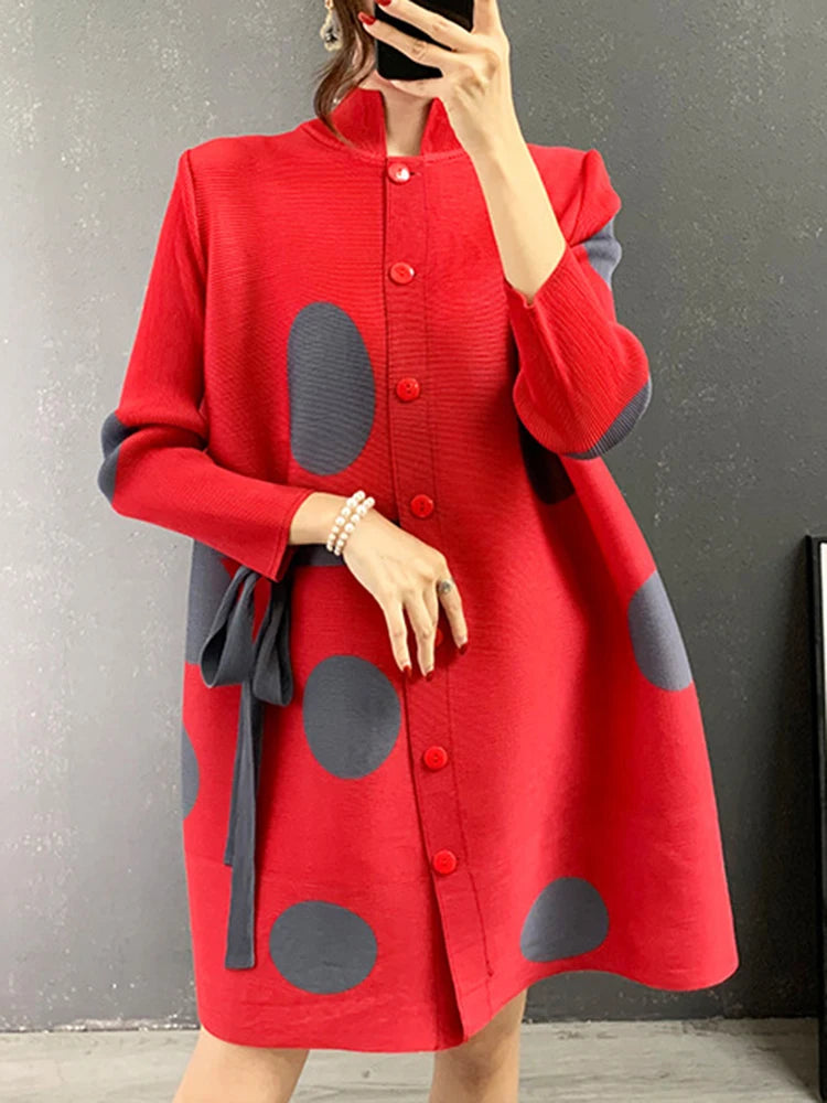 2025 Miyake Stand Collar Pleated Dress Autumn Single Breasted Drawstring Dot Printing Festival Clothing Women Elegant Good Vibrations