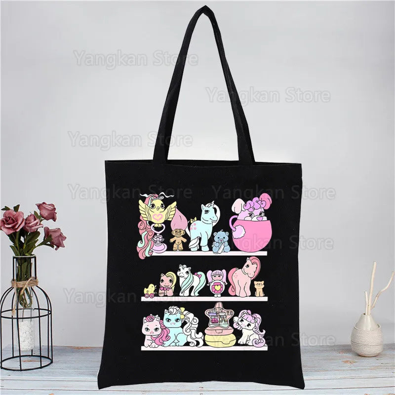 Kawaii Polly Pocket Shopping Bag Women Canvas Tote Bags Printing Eco Bag Cartoon Shopper Shoulder Bags Black Good Vibrations