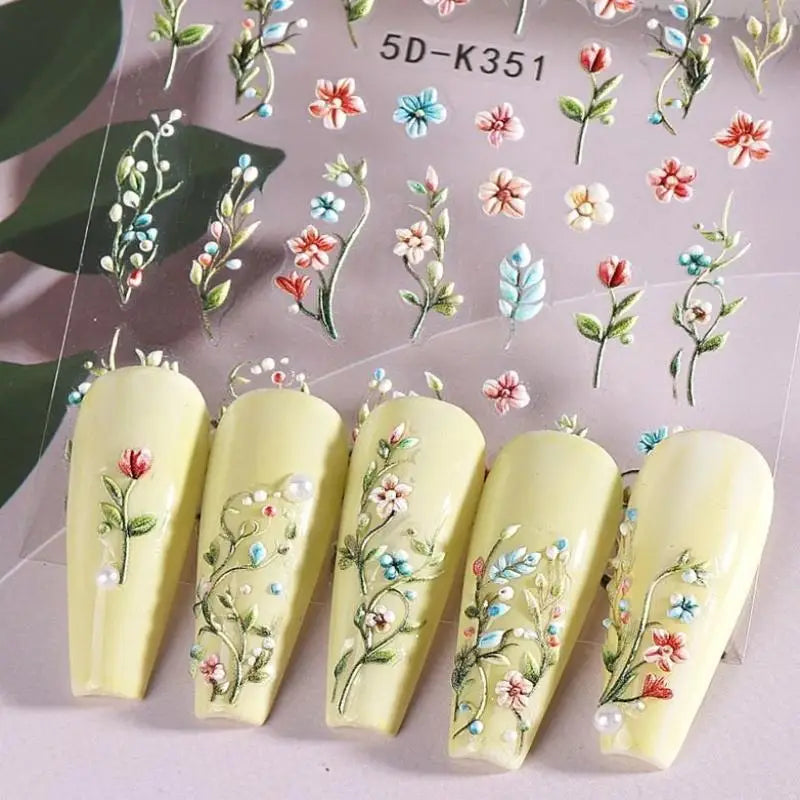 ★★★Colorful 5D Flower Embossed Nail Stickers Fresh Floral Designs Five-Petal Flower Self-Adhesive DIY Nail Art Decals Good Vibrations