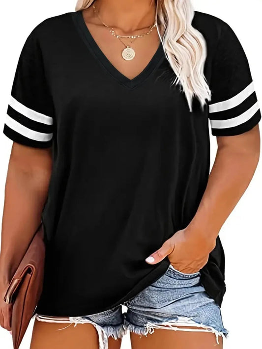Plus Size 1XL-8XL Women's Casual V-neck Short Sleeved Solid Color Loose T-shirt Sports Outdoor Top Women Clothing Good Vibrations