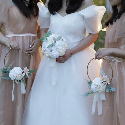 YeeNanee Wedding Gold Hoop Bouquet for Bridesmaids Floral Rose Eucalytpus Metal Ring Wreath Bridal Shower Ceremony Decoration Good Vibrations