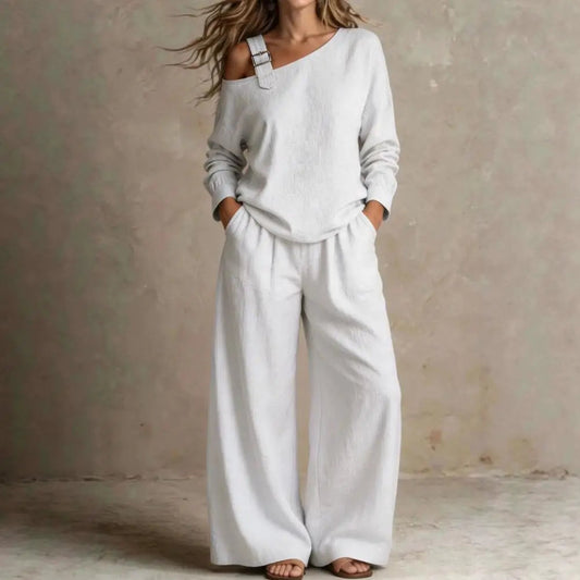 Women Two Piece Matching Set for Fall Off-Shoulder Long Sleeve Top & High Waisted Wide Leg Pants Loose Shirt Trouser Lounge Set Good Vibrations
