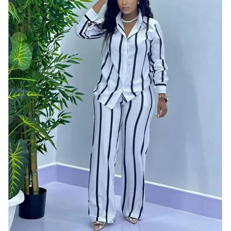 African fashion stripe two-piece set for women with button long-sleeved shirt and wide-leg pants in black and white stripes
