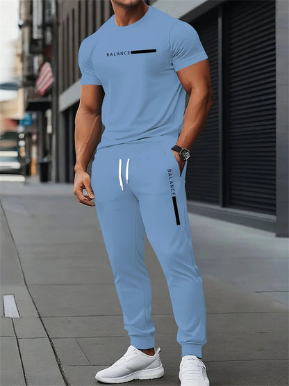 Men's Spring/Fall Two-Piece Set Crew Neck Short Sleeve Top With Relaxed Fit Casual Pants Outdoor Streetwear Minimalist Style Set Good Vibrations