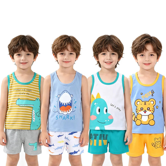 Summer Children Sets Kids Clothes Boys Girls Vest Suit Children's Clothing baby Cotton T-Shirts Shorts Tank Top Sleeveless 0-7T Good Vibrations