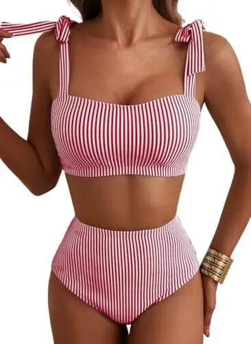 Women Two-piece Halter Vest Swimwear Sexy Striped Ruffle High Waisted Bikinis Set Female Bathing Suit Tie Strap Beachwear Good Vibrations