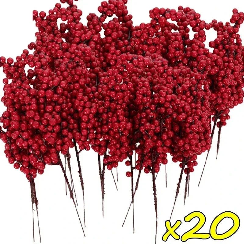 Christmas Red Berries Branch  Artificial Holly Berry Stamen Wreath DIY Foam Fake Flower Ornaments for Xmas Tree Party Home Decor Good Vibrations