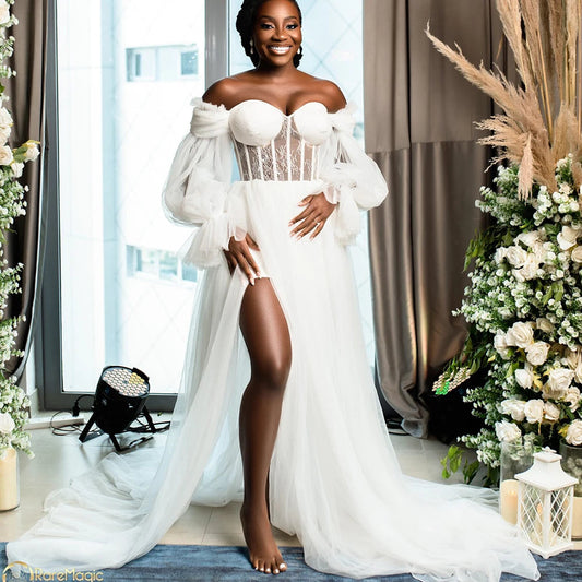 White Bride Robes for Wedding Tulle Lace Bridal Shower Dresses Off Shoulder Long Sleeve Side Split Sweep Train A Line Customized Good Vibrations