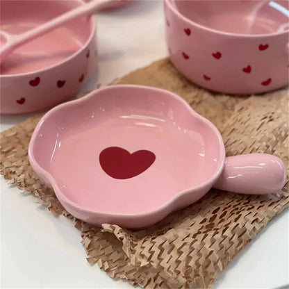Pink Love Cutlery Set Rice Bowl Household Ceramic Double Ear Instant Noodle Soup Bowl Hand Paired Spoon Combination Noodle Bowl Good Vibrations