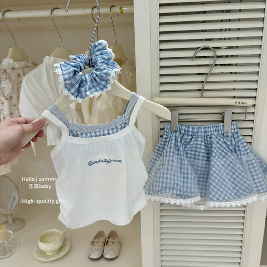 Girls Set Summer Outfit Sweet Bow Letter Suspender Blue Checkered Lace Skirt Two Piece Set 2025 New Children Clothing Good Vibrations