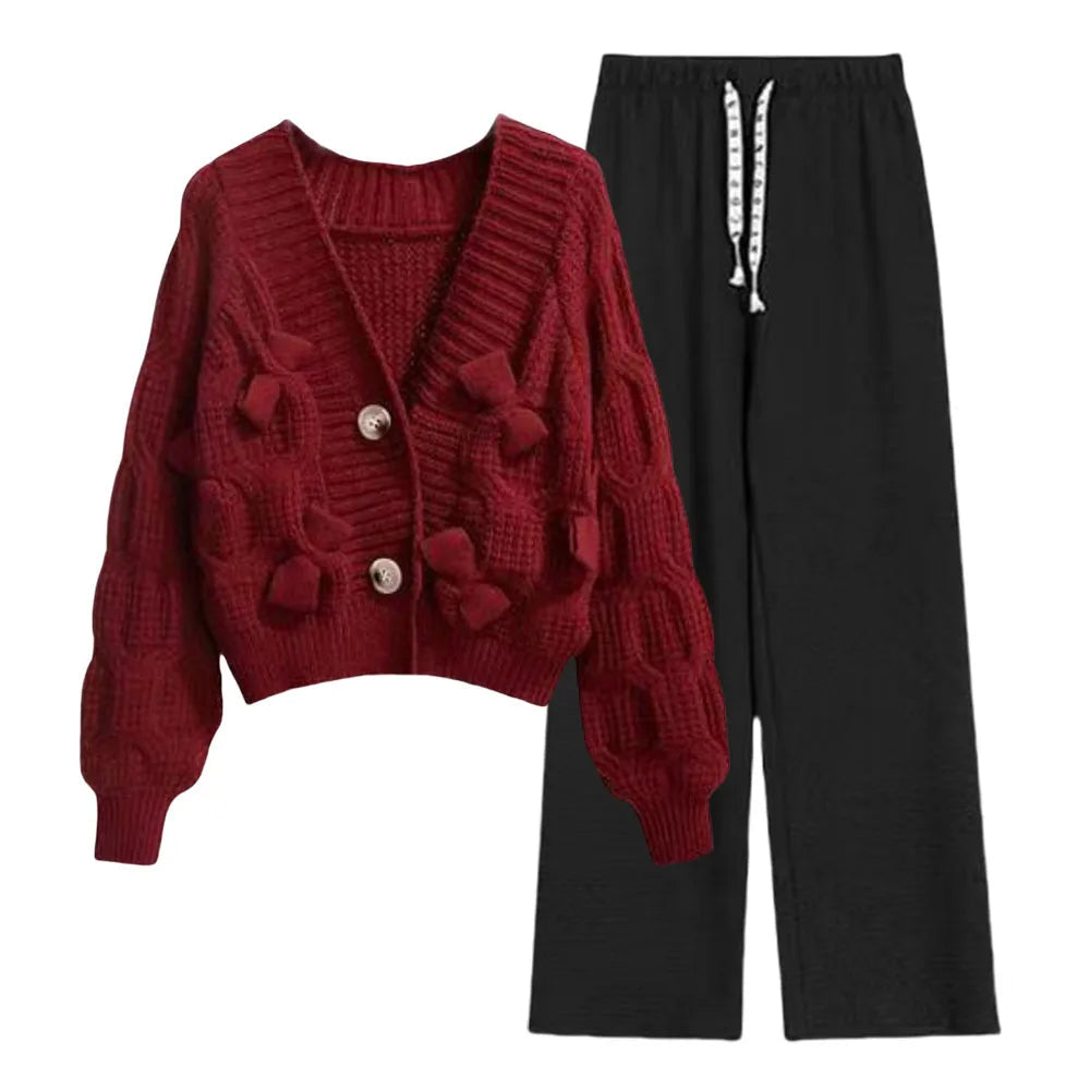 Two Piece Set For Women New In Sweater Matching Sets Korean Sweet Bow Outfit Long Sleeve Cardigan Knitwear Wide Leg Pants Set Good Vibrations