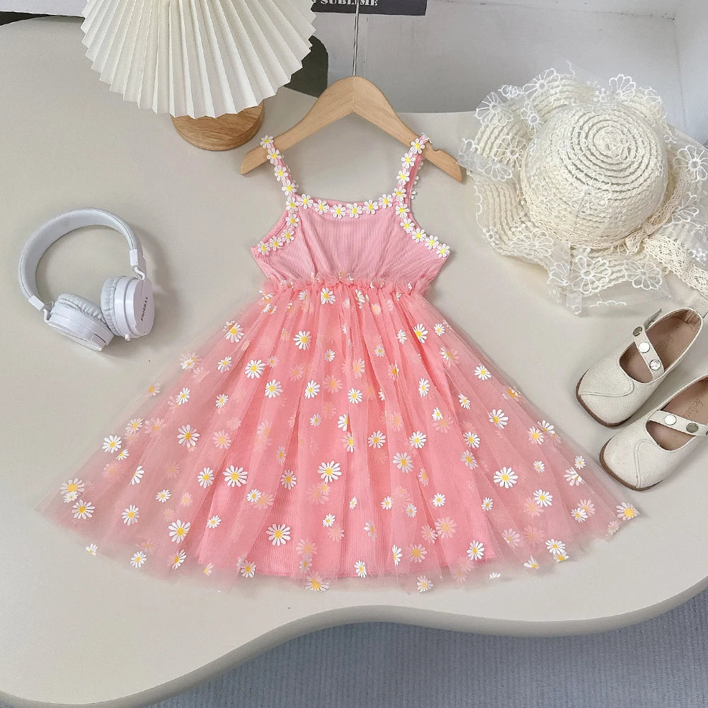 Summer Pink Cute And Cool Halter Dress Small Daisy Flower Mesh Puffy Princess Dress Children's Clothing Good Vibrations