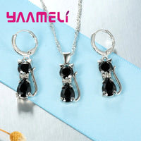Real 925 Sterling Silver Color Jewelry Sets for Woman Girls Shining Austrian Crystal Cute Cat Pendant Necklace Huggie Earring Good Vibrations