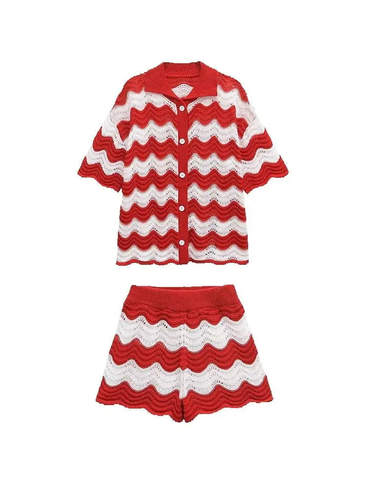 Women Temperament Single Breasted Short Sleeve Top Two Piece Set Fashion Sweet Turn-down Collar Knitted Top Sets Shorts Good Vibrations