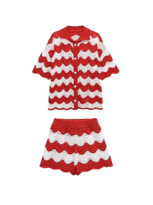 Women Temperament Single Breasted Short Sleeve Top Two Piece Set Fashion Sweet Turn-down Collar Knitted Top Sets Shorts Good Vibrations