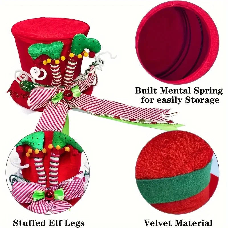 A Christmas tree hat, red and green elf leg hat, sequined striped bow tree hat, perfect for Christmas tree decoration Good Vibrations