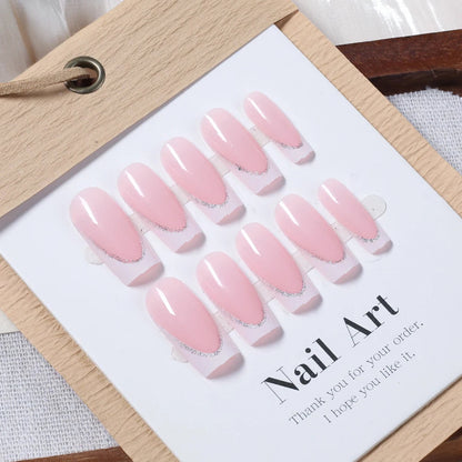 24Pcs Short Square Coffin False Nails French Glitter Wearable Fake Nails Acrylic Full Cover Women Ballet Press on Nails Tips Good Vibrations