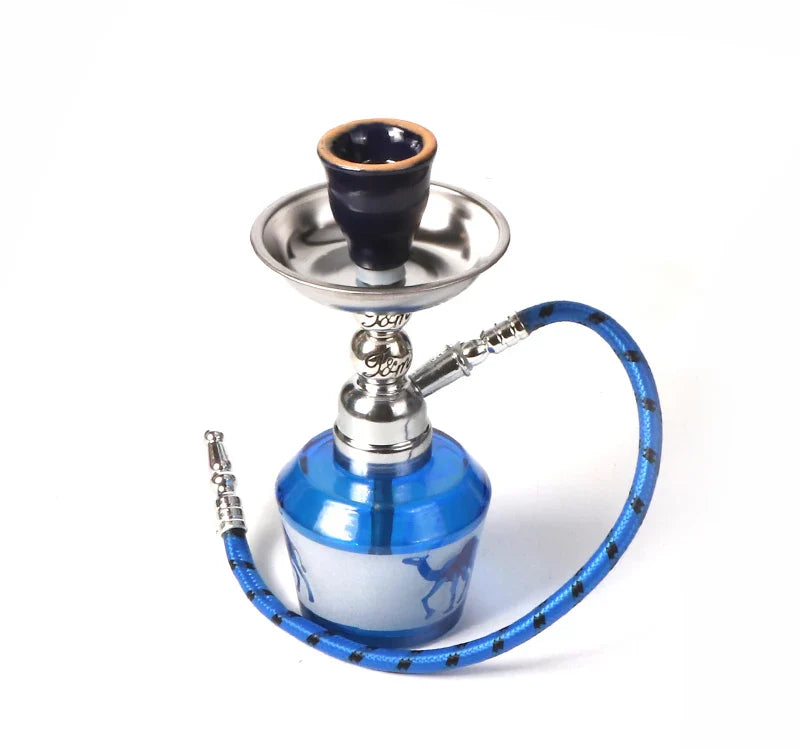 Mini glass shisha set with ceramic bowl and single hose, portable design.
