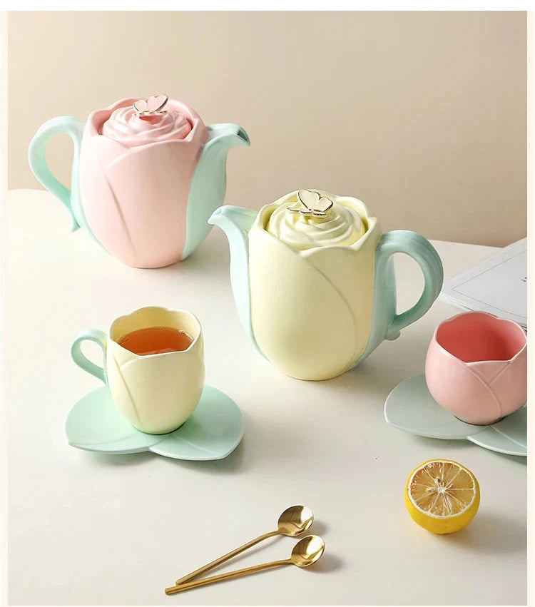 Tulip Luxury Ceramic Coffee Cup Saucer Set with Hand and Dish Milk Tea Cappuccino Tableware 280ml/320ml Birthday Couples Gifts Good Vibrations