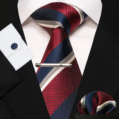 8cm Silk Mens Ties Green Black Ties plaid stripe NeckTie Pocket Square Cufflinks Tie clips Set Men's Wedding business Party Tie Good Vibrations