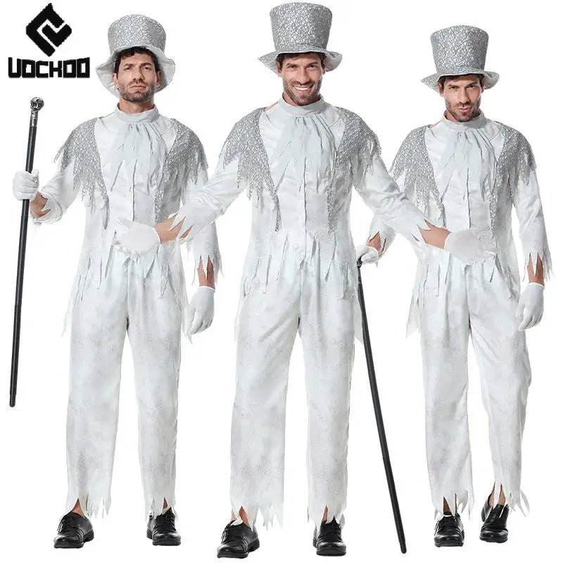 Halloween Magician Cosplay Costume Halloween Men Suit Vintage White Gentleman Dress Up Stage Performance Carnival Clothing Good Vibrations