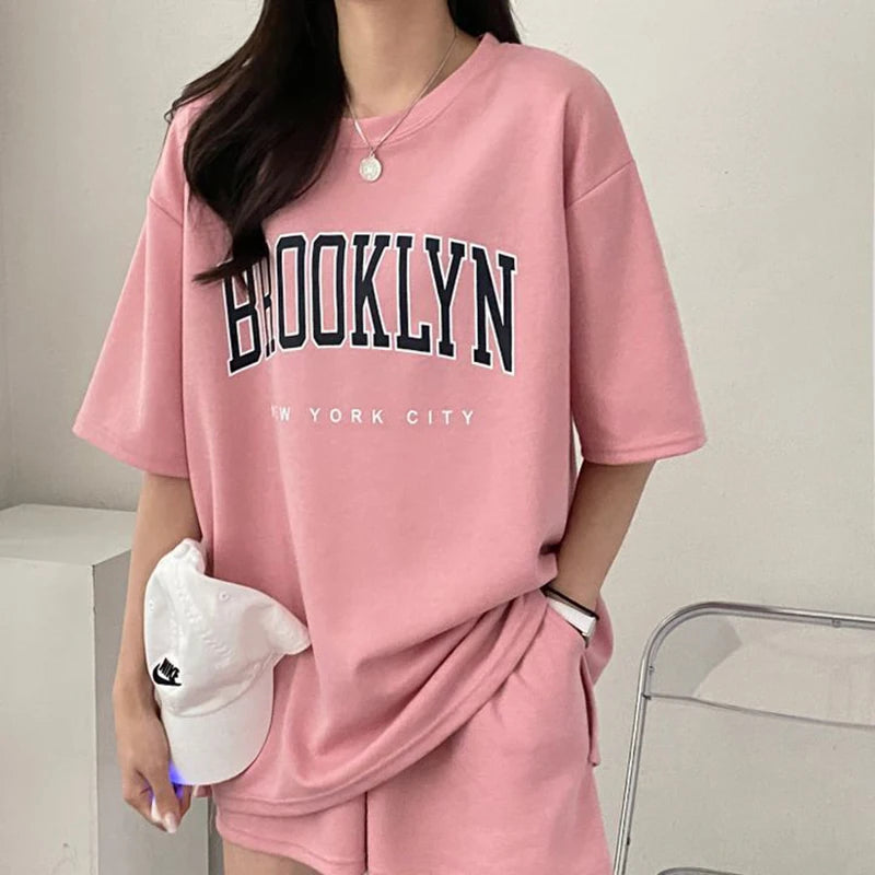 Two Piece Shorts Sets T Shirt Top Shorts Casual Suits 2025 Summer Female Short Sleeve Sporty Outfit Cotton Suit Women Clothing Good Vibrations