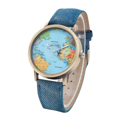 Fashion Global World Map Plane Denim Fabric Band Watch Casual Men Women Wristwatches Quartz Watch Gift Horloges Relógio Good Vibrations