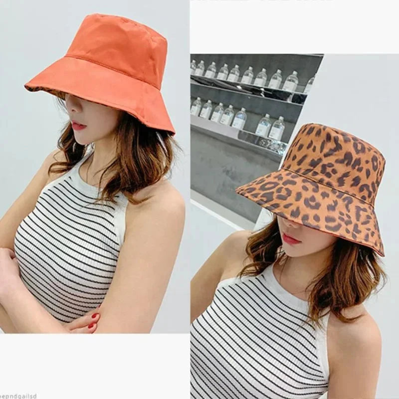 Flattop Ladies' Hat Street Women Leopard Print Bucket Comfortable Breathe Foldable Beach Flat Top Sun Fishing Hats for Women Good Vibrations